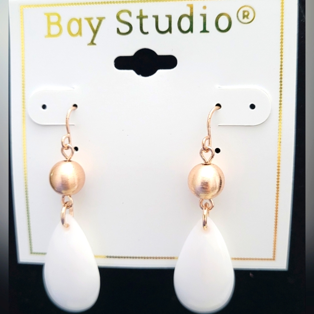 Gold Ball and White tear drop earrings